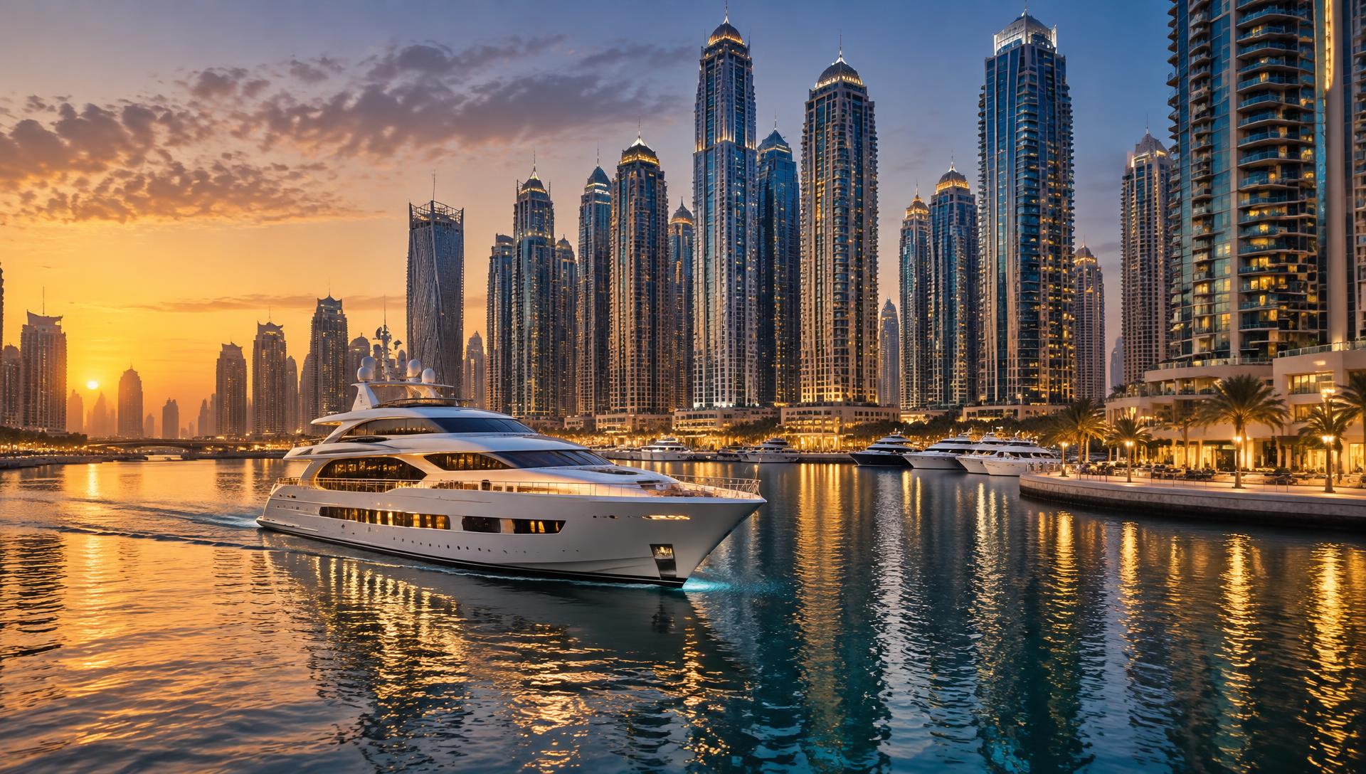 Superyacht in Dubai Marina at sunset