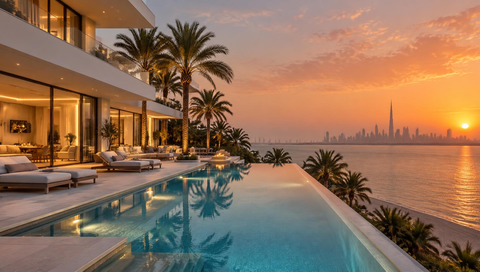 Palm Jumeirah villa with infinity pool at sunset